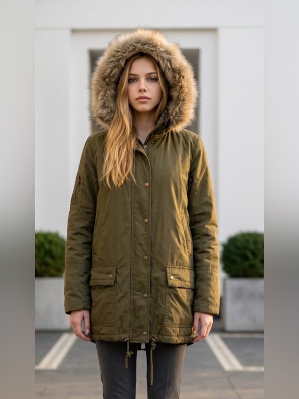 Banana Republic Olive Green Parka with Faux-Fur Trim Hood